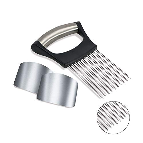 41QgJ2yNt7L.jpg 1PCS Onion Holder Slicer, 2PCS Finger Guard, Holder Slicer Vegetable For Onion, Tomato, Lemon, Meat, Onion Cutting Tool Stainless Steel Cutting Kitchen Gadgets - Image 1