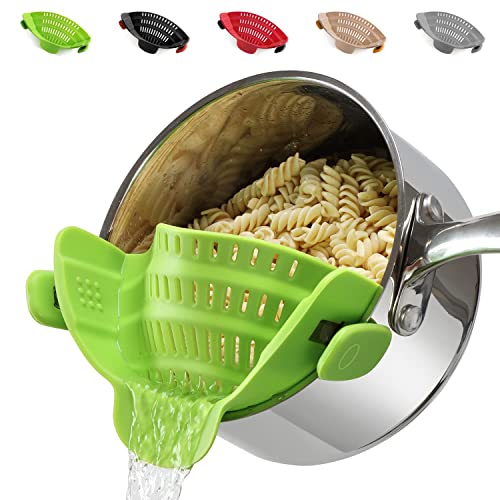 Upgraded Clip on Pot Strainer Silicone Colander Hands-free Drainer Kitchen Gadgets, Heat Resistant for Pasta Spaghetti Meat Grease Fits Pots Pans Bowls, Green