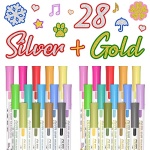 Shuttle Art 28 Pack Double Line Outline Markers, 14 Silver and 14 Gold Colors Squiggles Shimmer Markers Set, Self Outline Metallic Marker Pens for Drawing, Christmas Greeting Card, DIY Crafts
