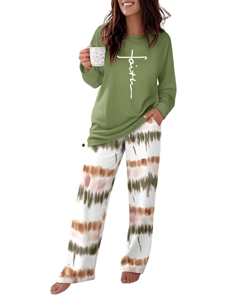 CHICME Womens Pajamas Sets 2 Piece Long Sleeve Lounge Set Printed Loose Pants Pj Sets Loungewear Tracksuits with Pockets Ombre Green-L