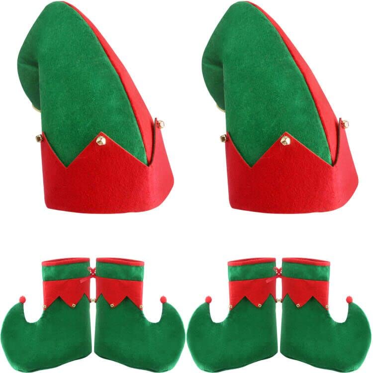 Haconba 4 Pack Christmas Elf Costume Accessories Set Xmas Santa Elf Hat Shoes Set with Jingle Bells for Christmas Cosplay Holiday Party Decor