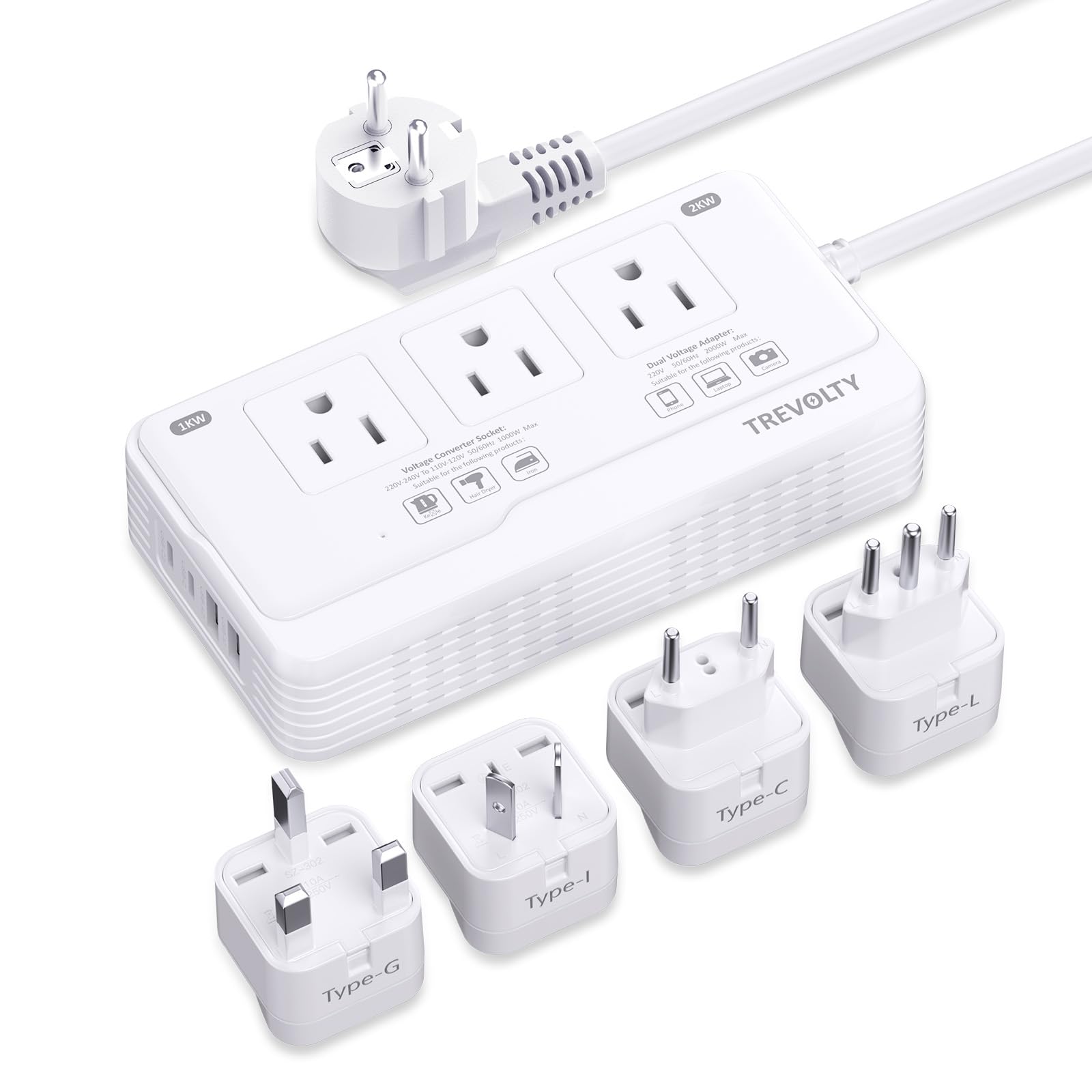 2000W Voltage Converter US to Europe, 220V to 110V Converter for European Travel, Power Adapter for Hair Dryer, European Travel Plug Adapter with 3 AC 2 USBC 2 USBA Ports & EU/UK/AU/IT Plugs (White)