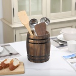 MyGift Wine Barrel Design Kitchen Utensil Crock, Vintage Rustic Burnt Wood Cooking Tool Holder - Image 5
