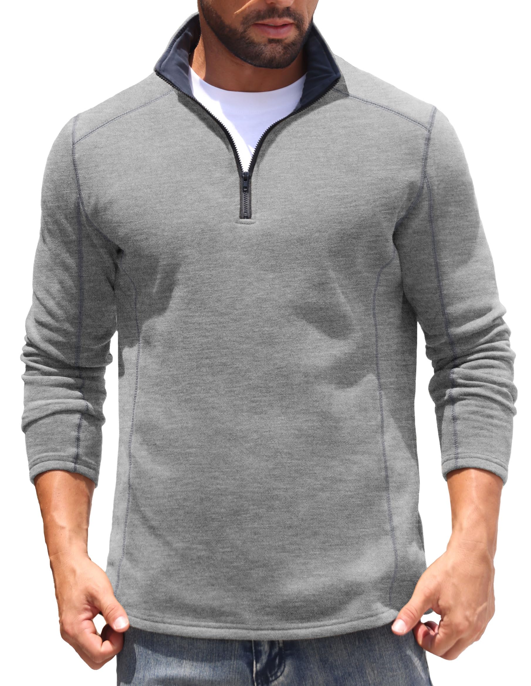 Sailwind Mens Quarter Zip Sweatshirt Fleece Long Sleeve Pullover Casual Mock Neck Polo Sweater Light Gray
